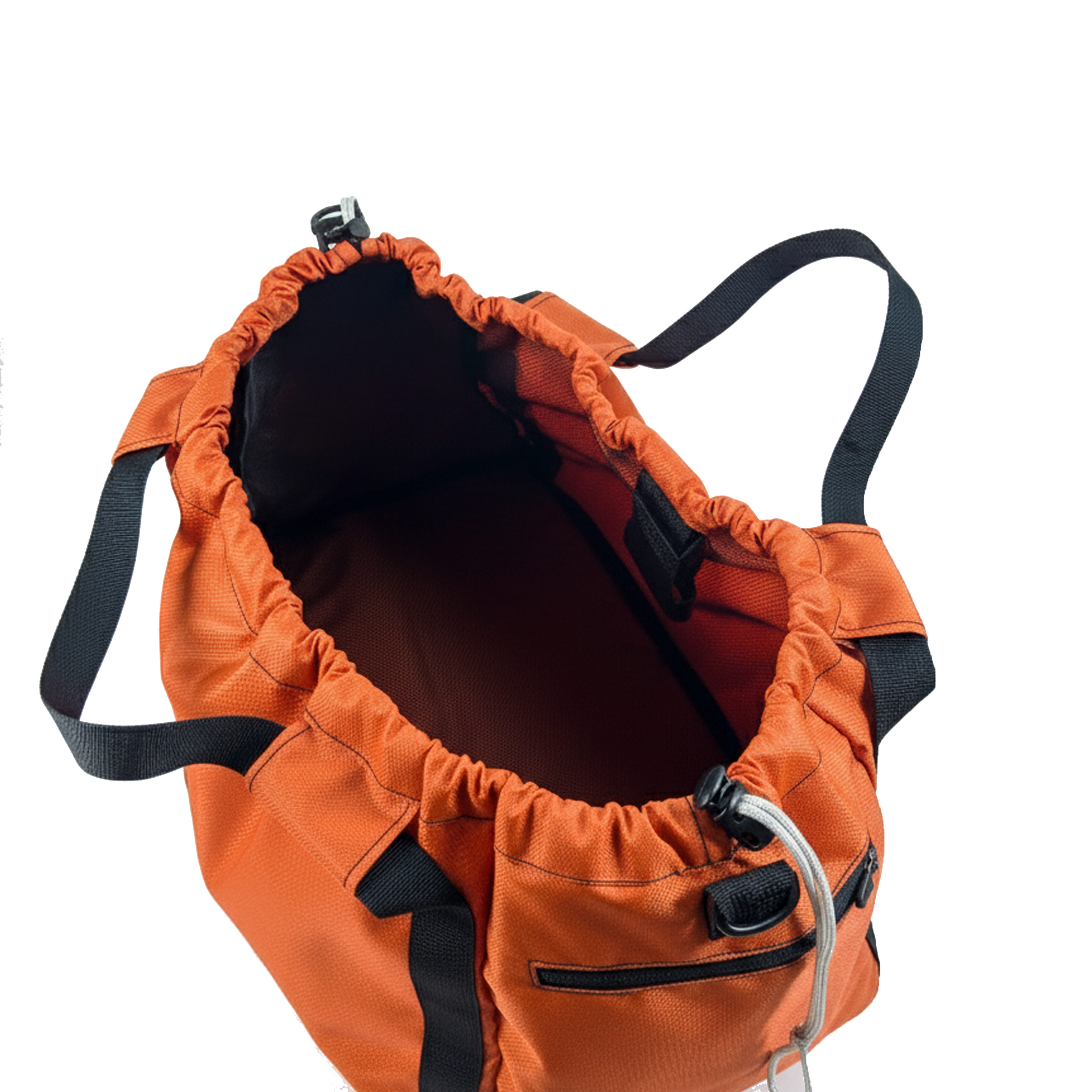 Top-down view of an orange nylon gym bag, showing the spacious interior for gym gear.