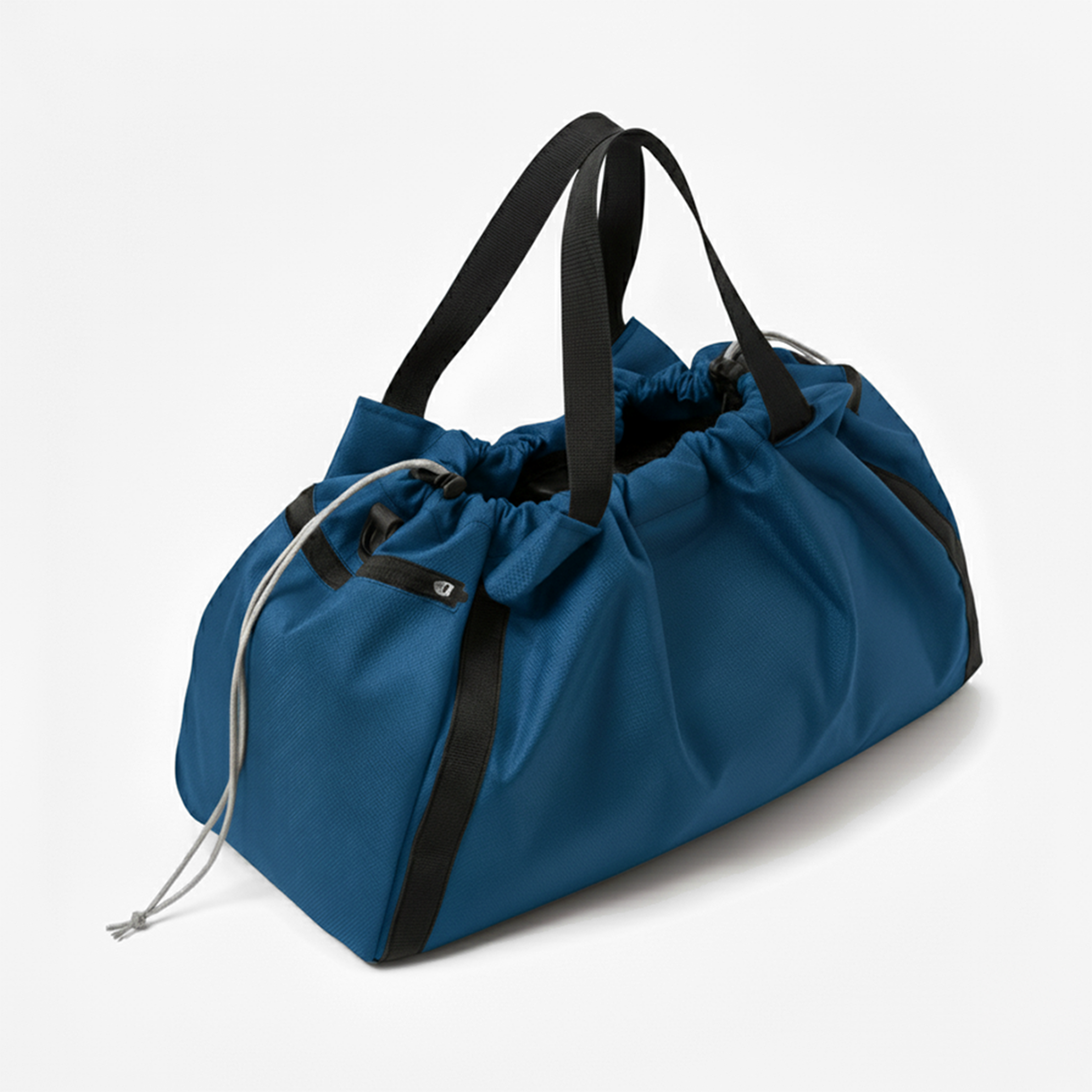 Durable blue nylon gym bag with a drawstring closure and black tote handles.