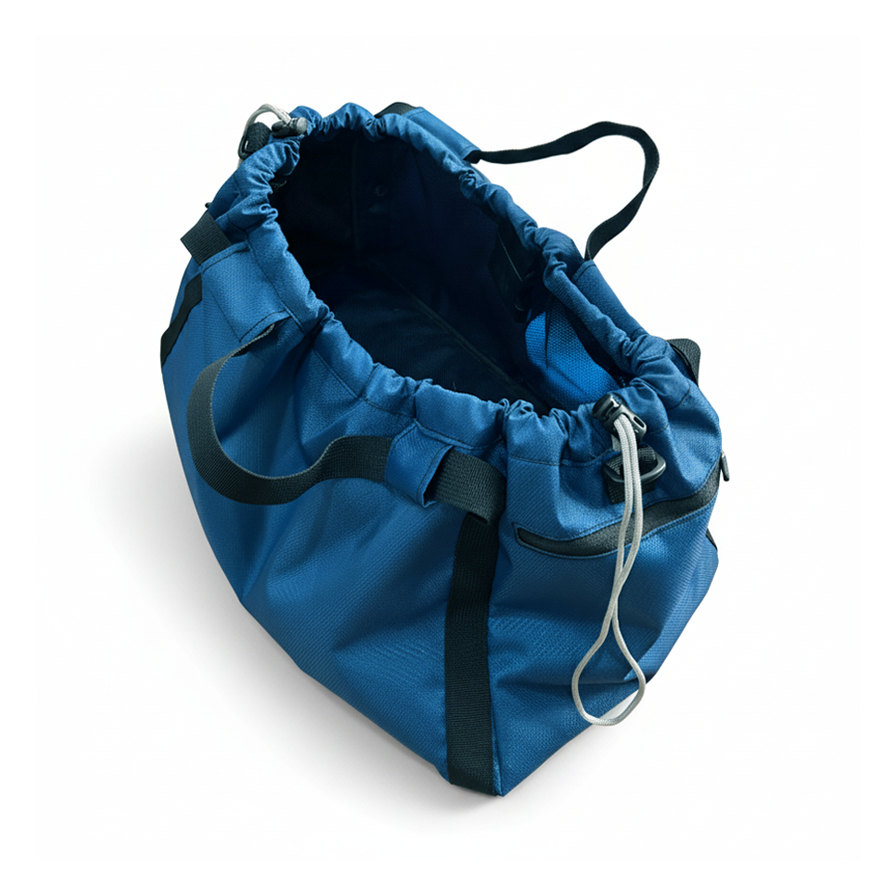 Top-down view of a blue nylon gym tote, showing the open drawstring interior.