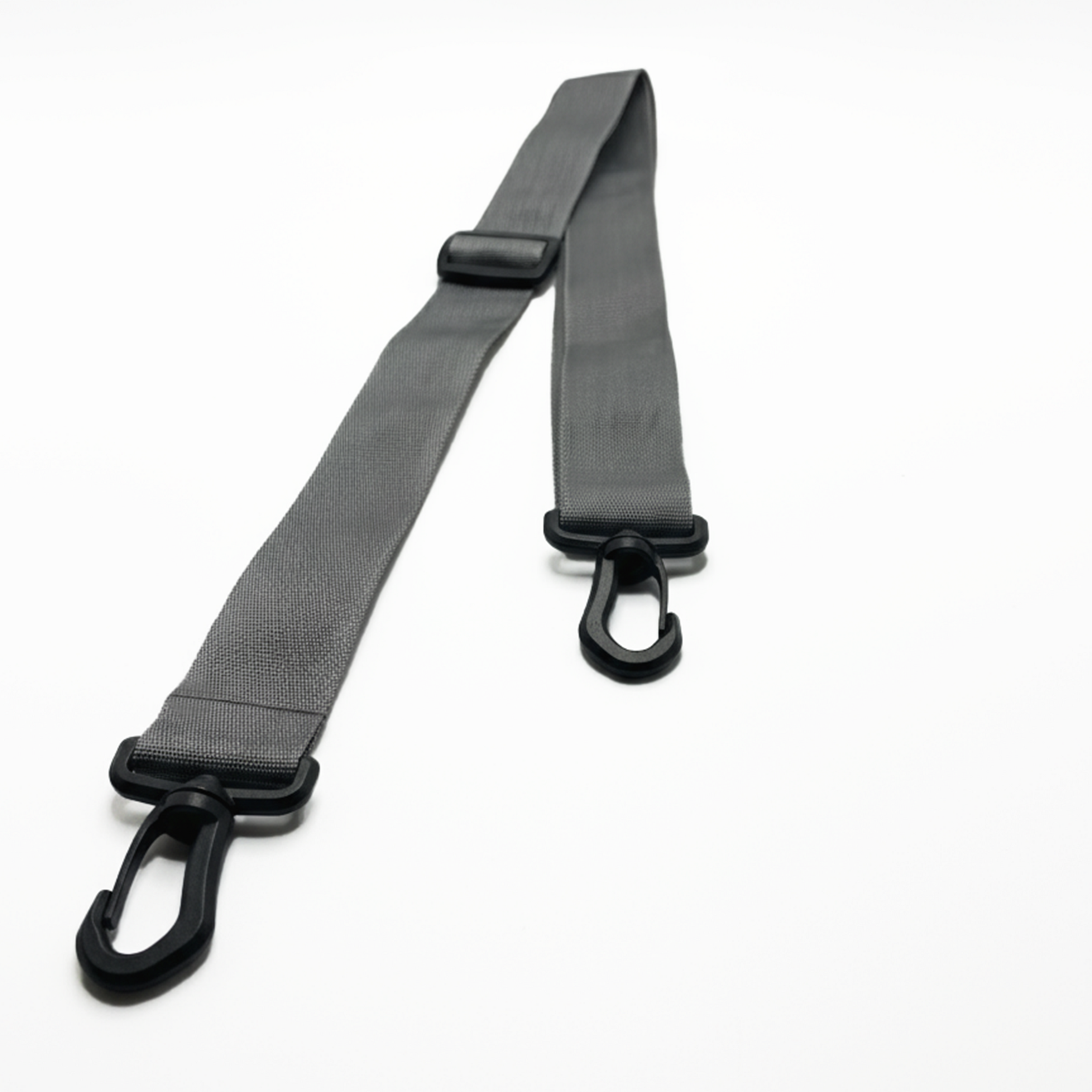 Gray strap with black carabiners on a white background