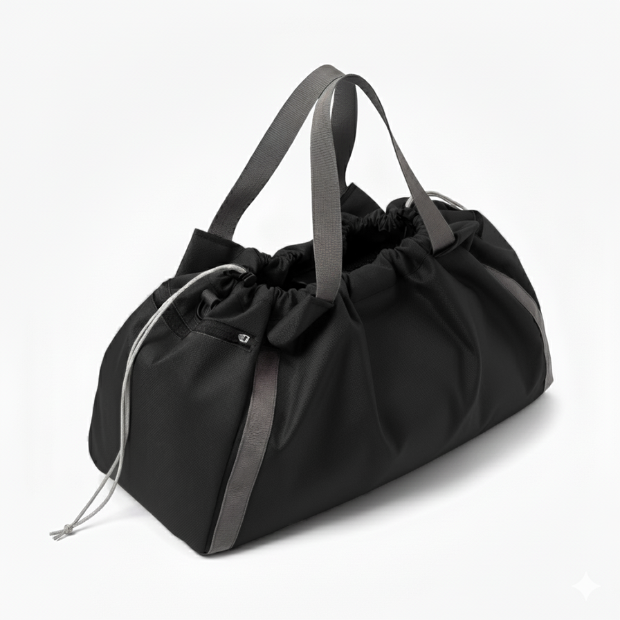Durable black nylon gym bag with grey tote handles and a drawstring closure.