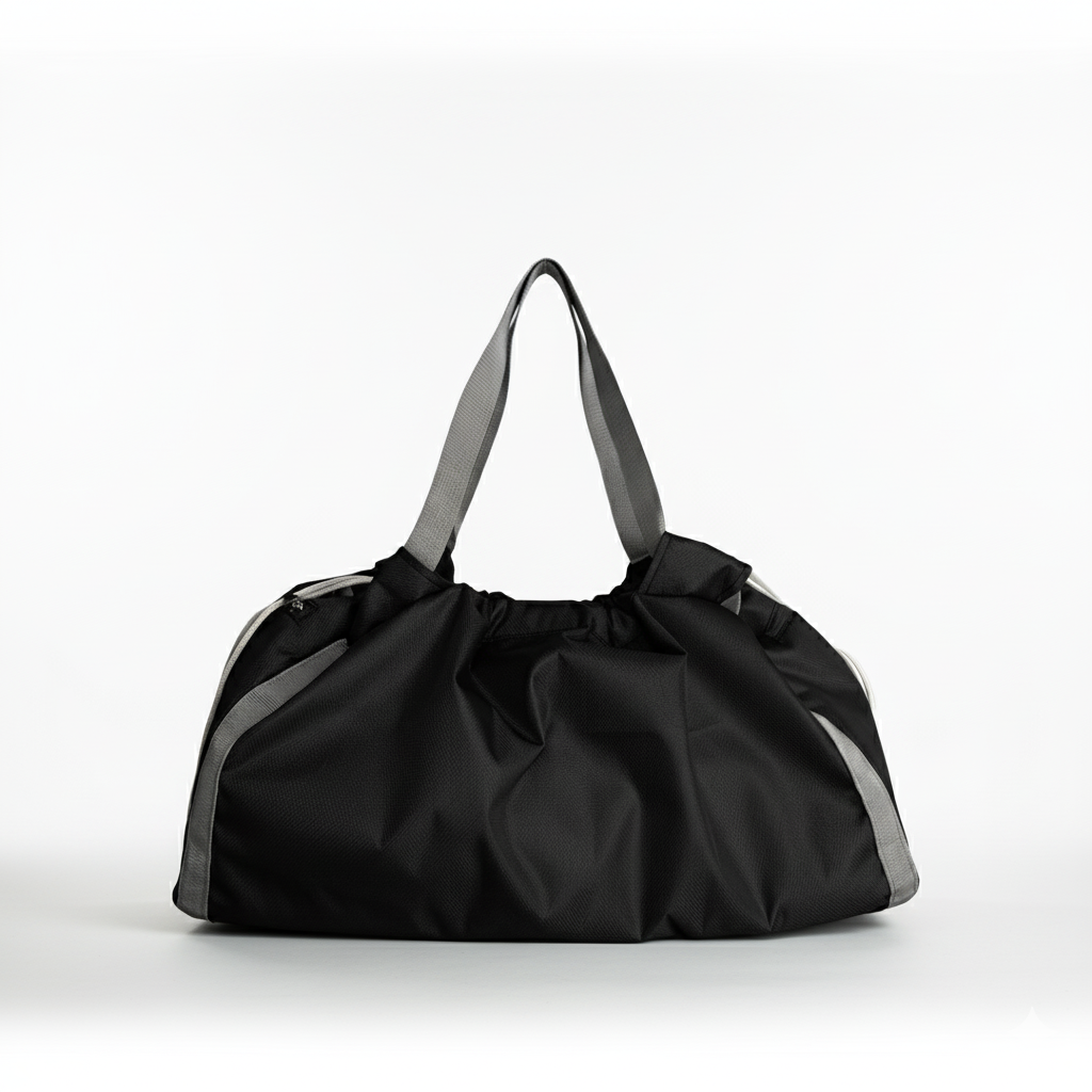 Front view of a black nylon gym tote bag, showing the spacious design.