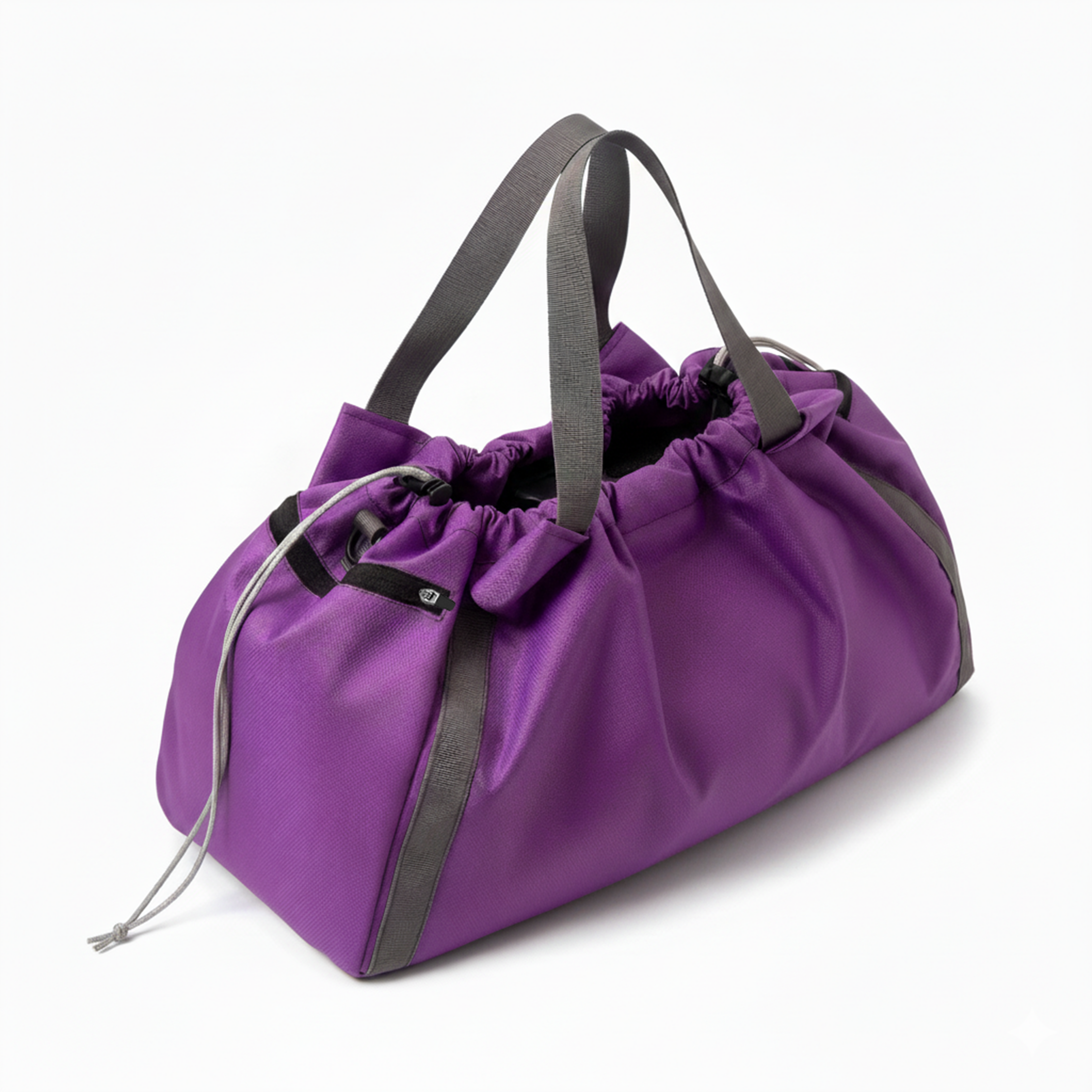 Durable purple nylon gym bag with a drawstring closure and tote handles.