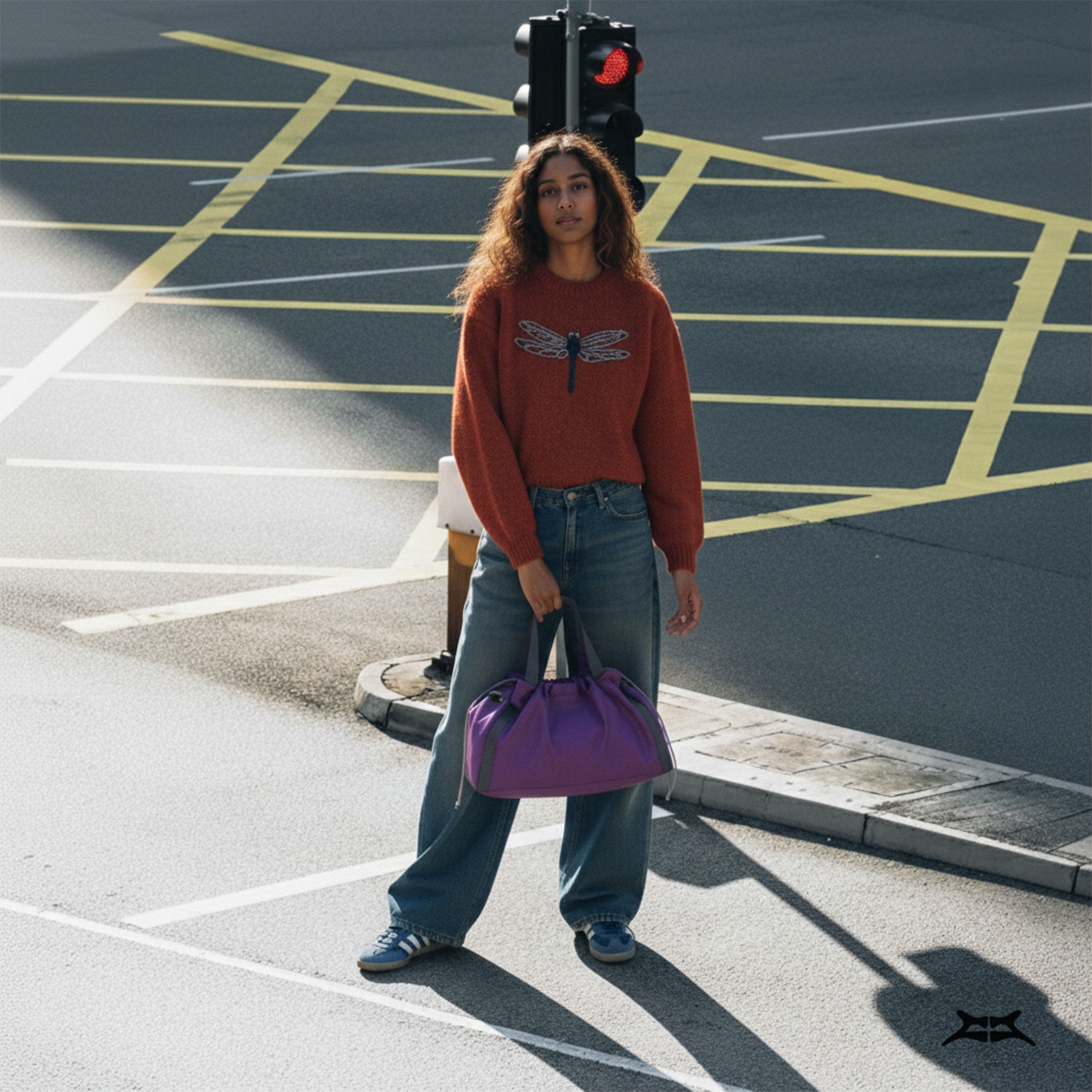 Woman in casual street style, holding a purple nylon gym tote bag.