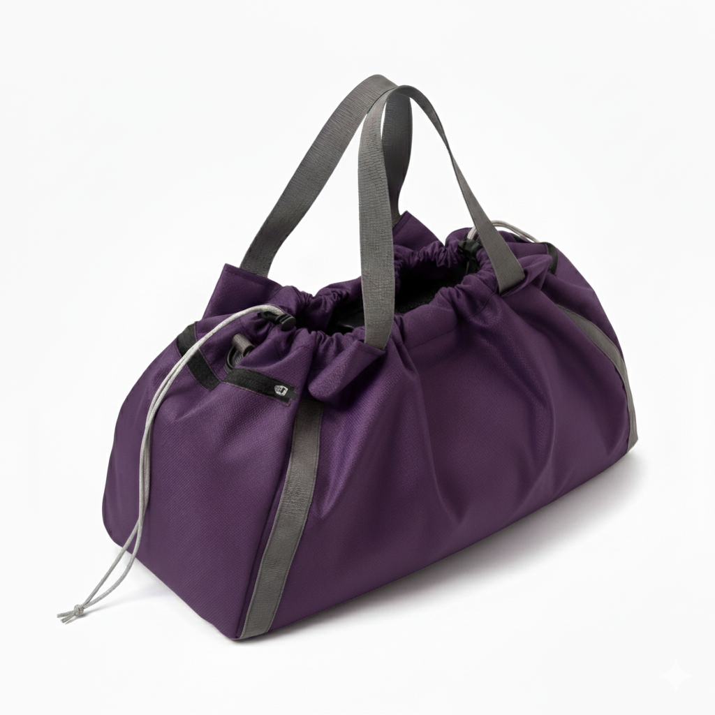 Durable purple nylon gym bag with tote handles and a drawstring closure.
