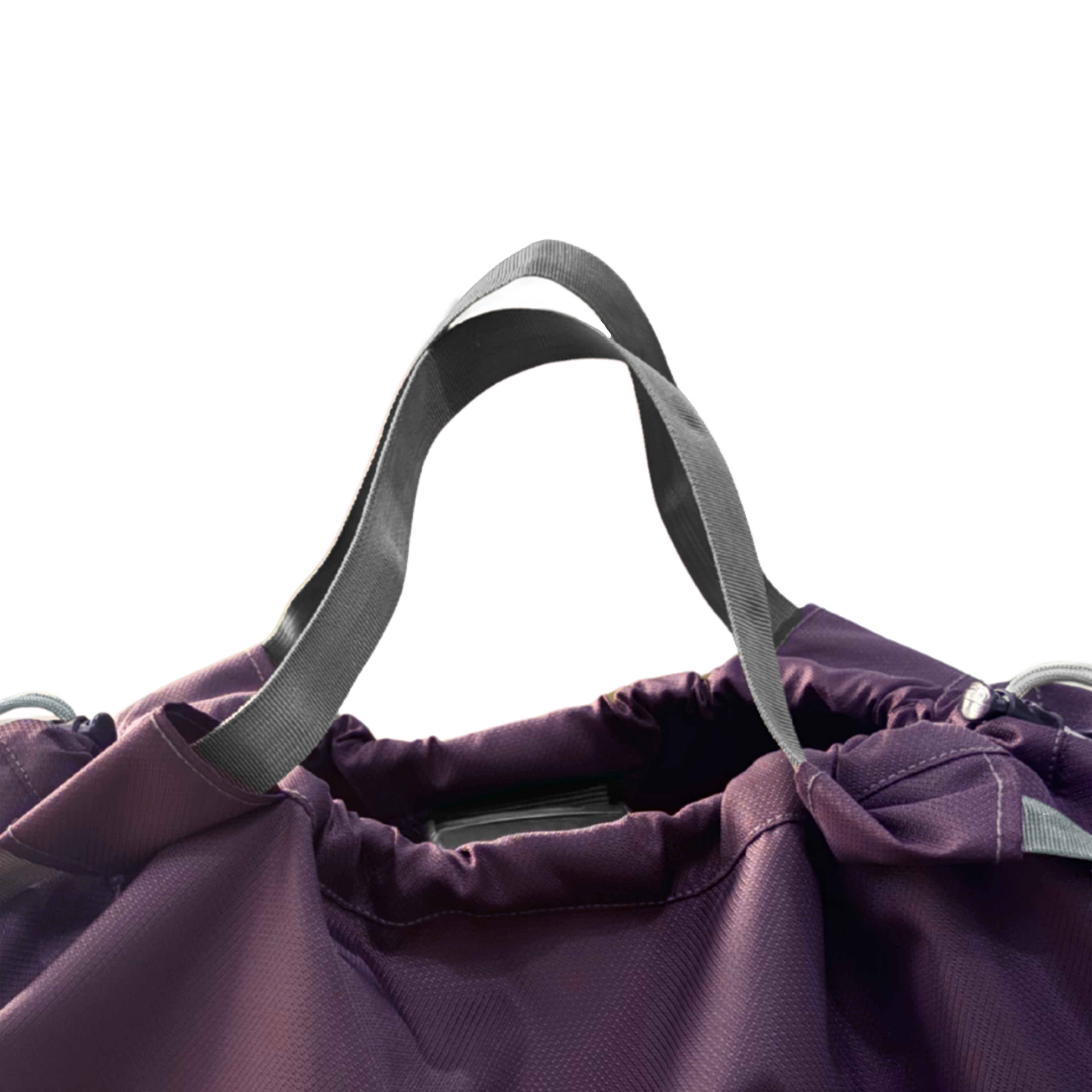 Close-up of the grey tote handles and drawstring opening on a purple nylon bag.