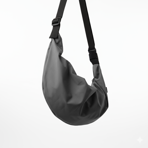 Side view of a grey water-resistant crescent bag, showing the adjustable strap.