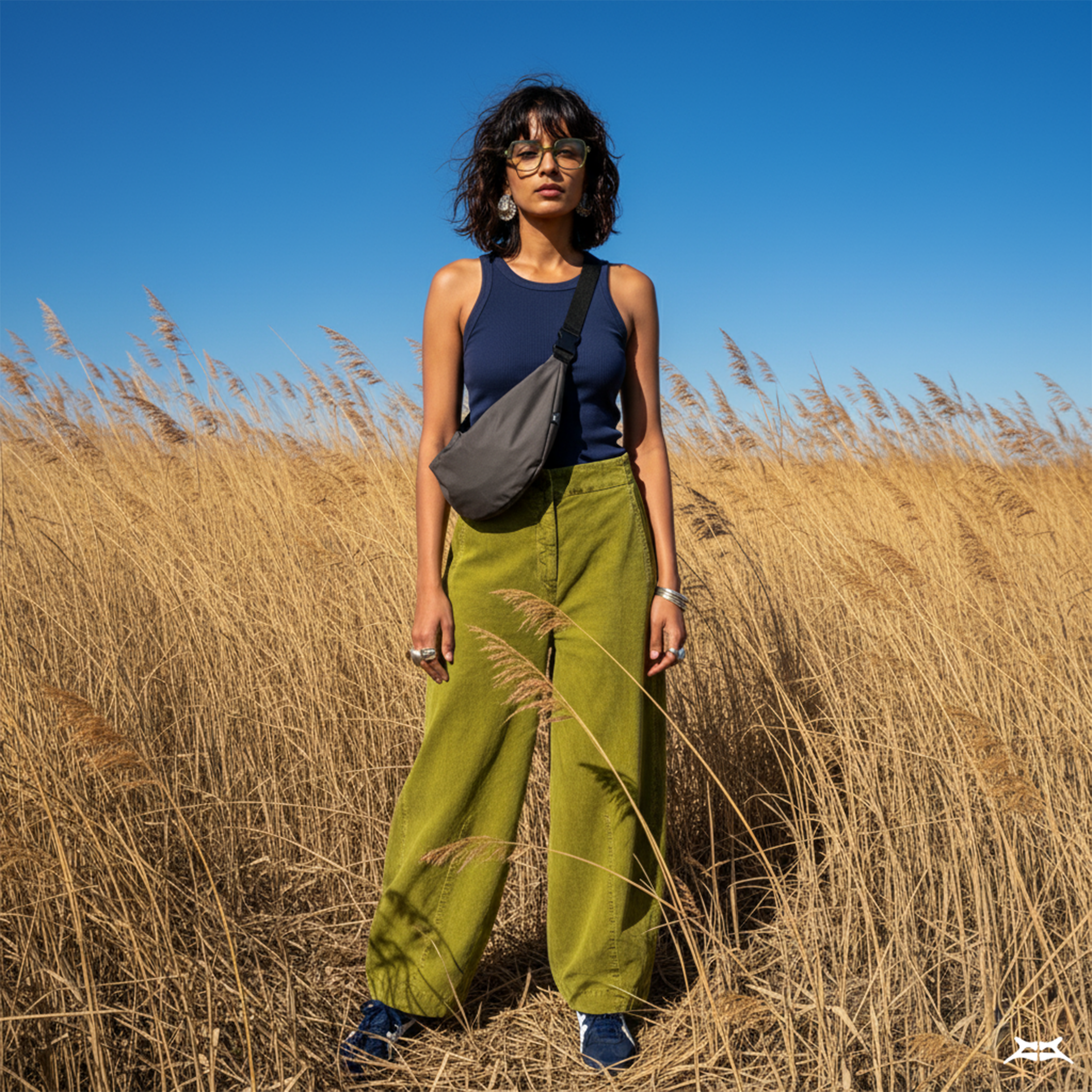 Woman in a field of tall grass, modeling a grey crossbody sling bag.