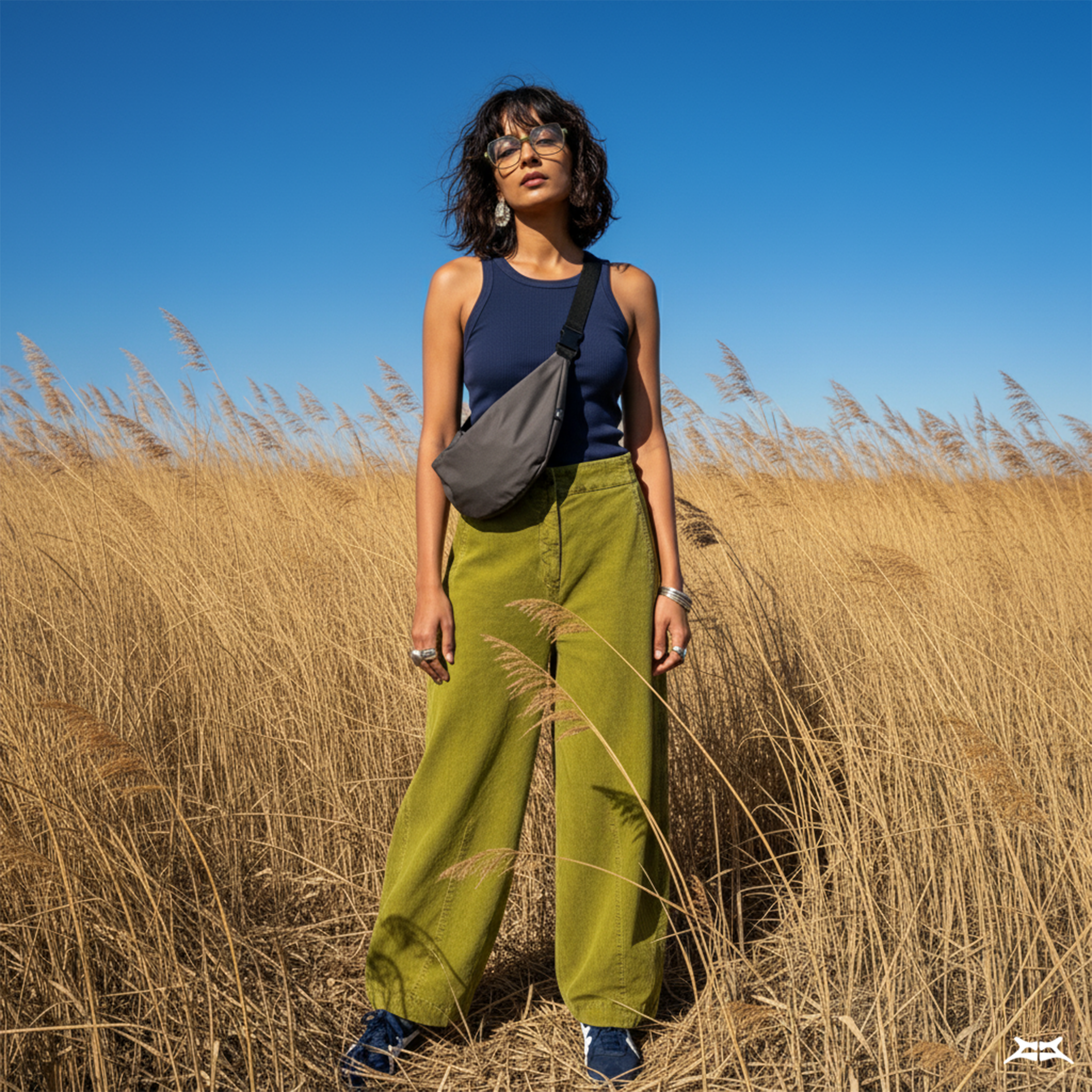 Woman in a field, wearing a grey water-resistant crossbody sling bag.