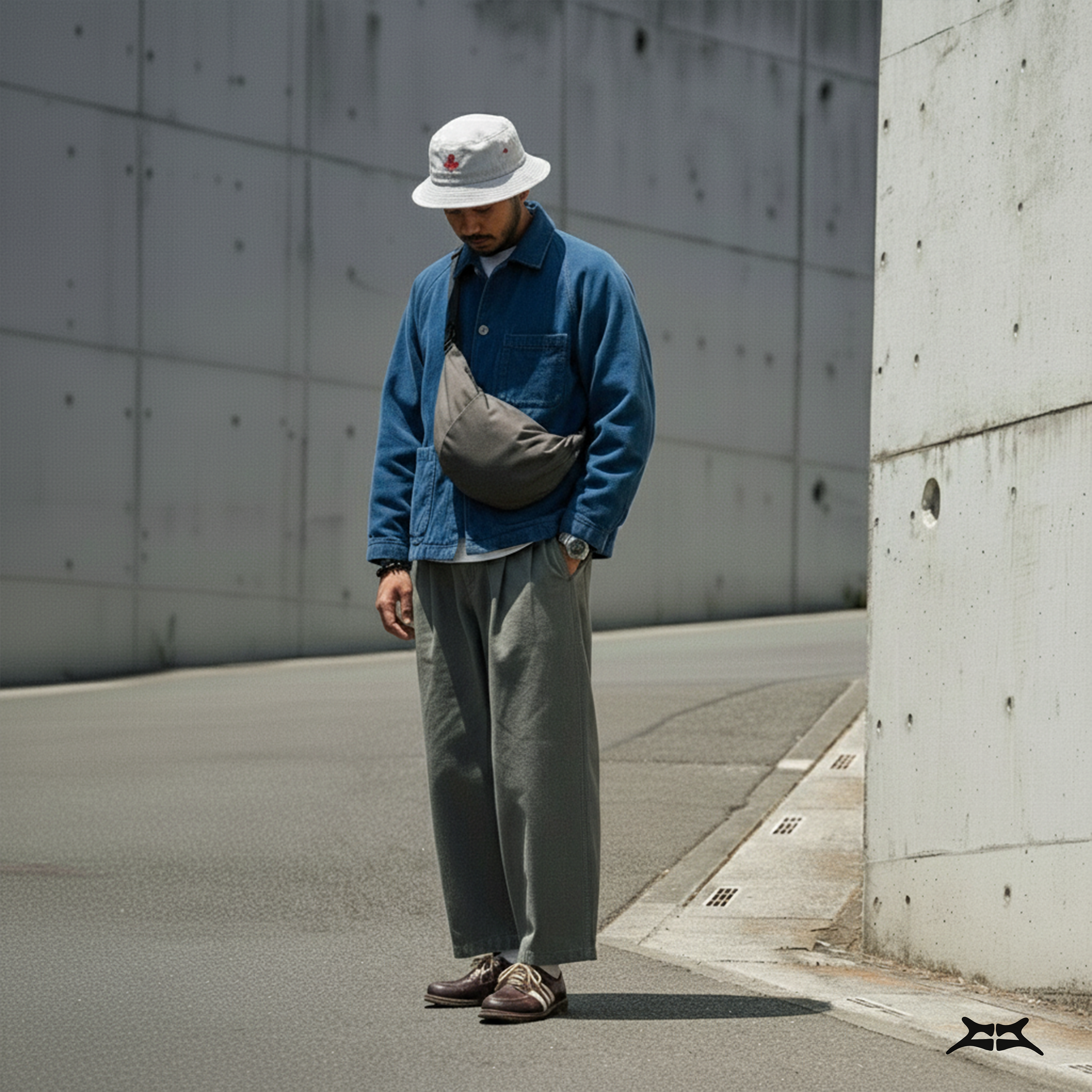 Man in street style, wearing a grey crossbody crescent bag and a white bucket hat.