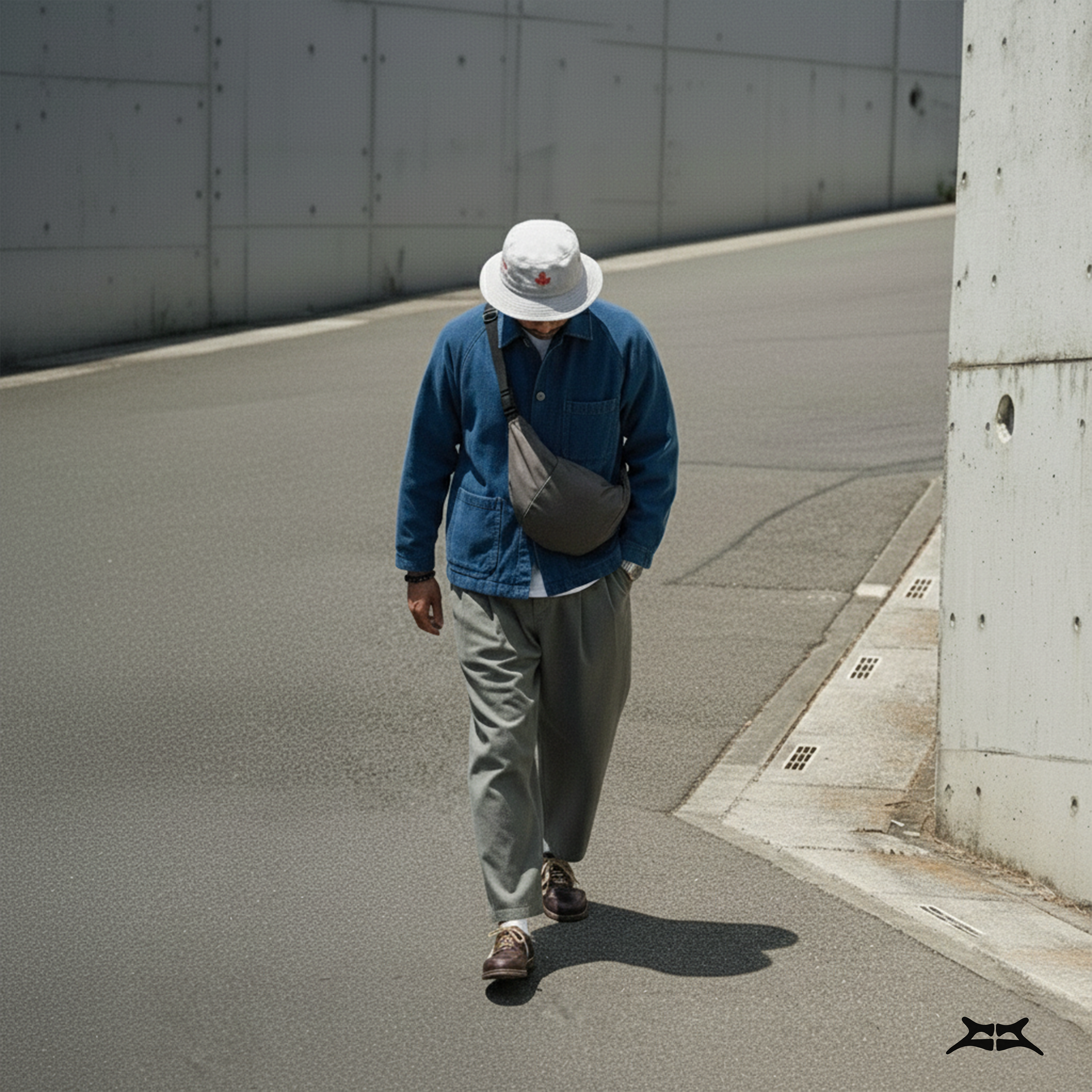 Man in casual street style, wearing a grey water-resistant crescent sling bag.