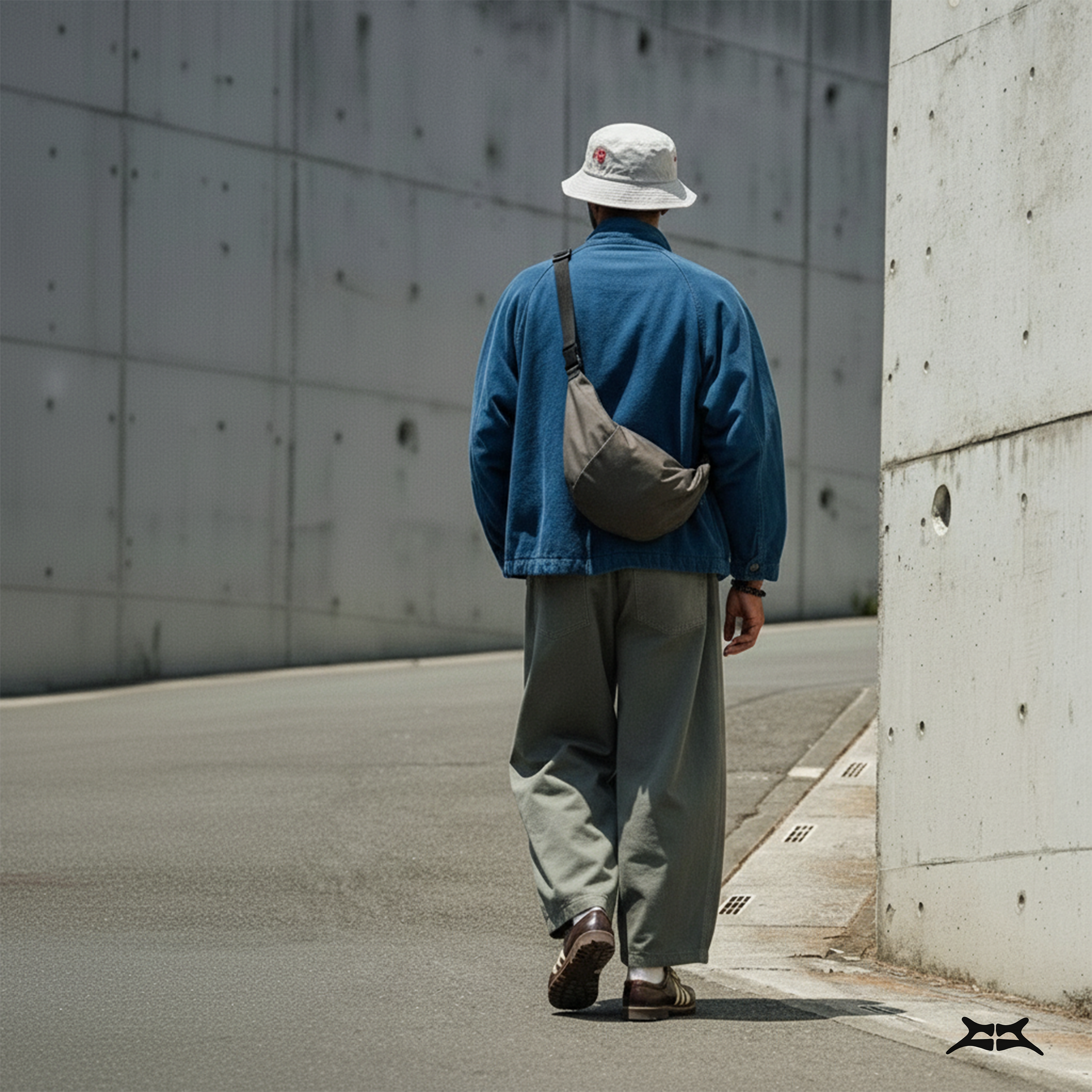 Man in street style, walking away, wearing a grey crescent crossbody bag.