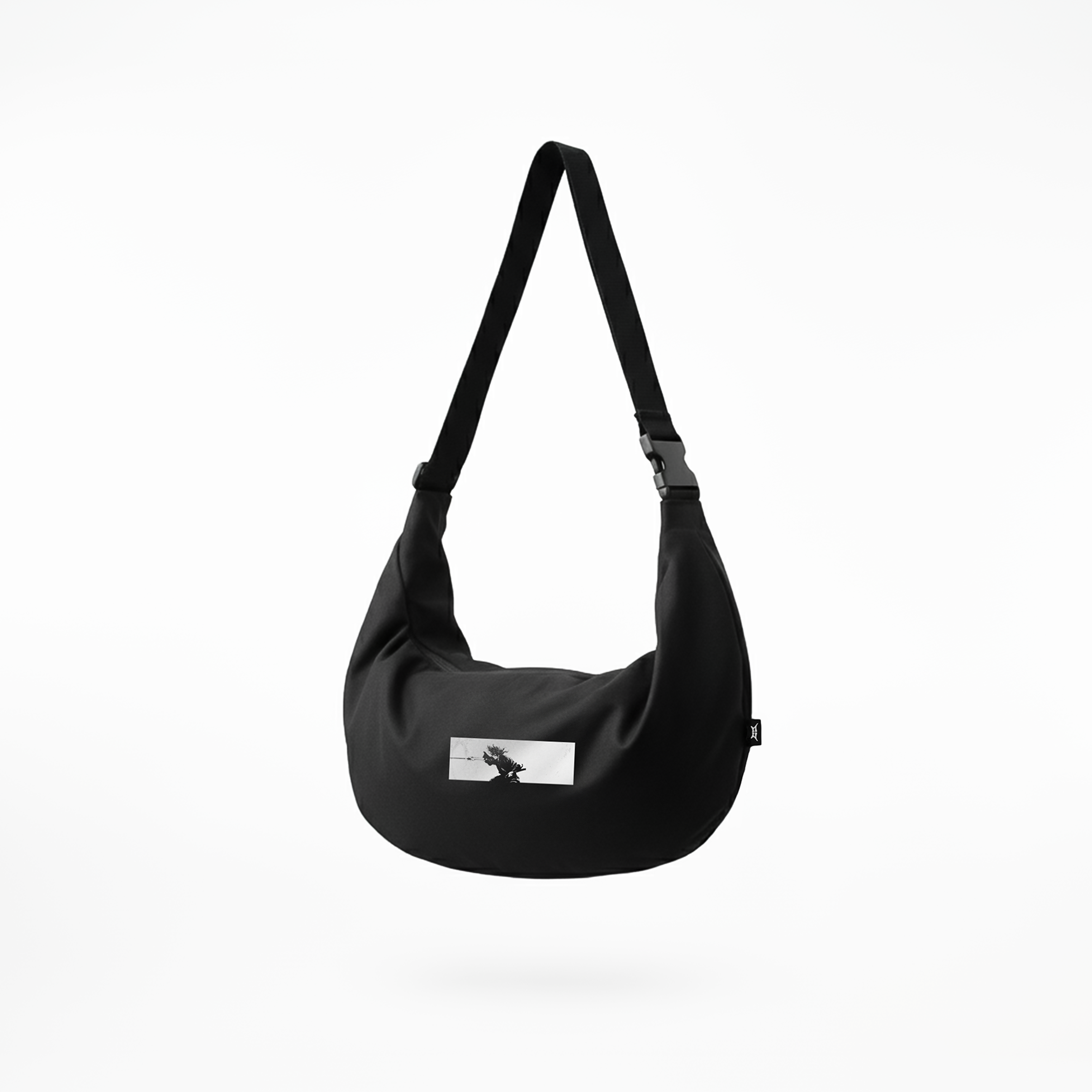 Cocainjesus black canvas City Crossbody bag featuring samurai panel artwork