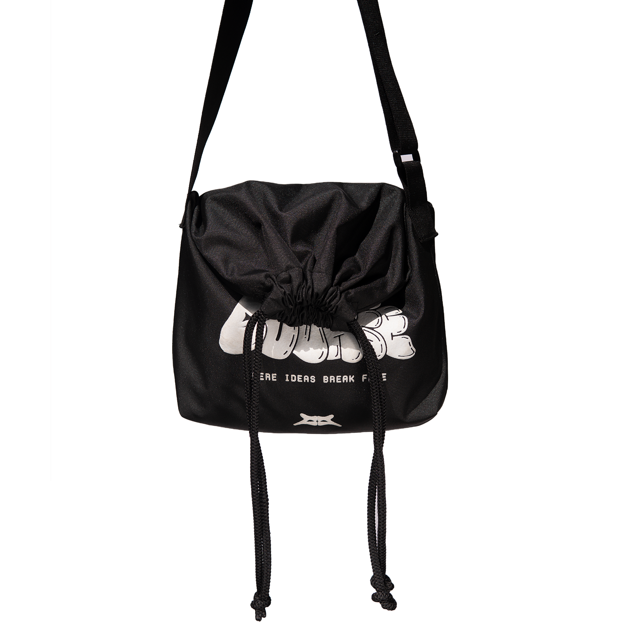 Black drawstring crossbody bag with a white streetwear graphic print.