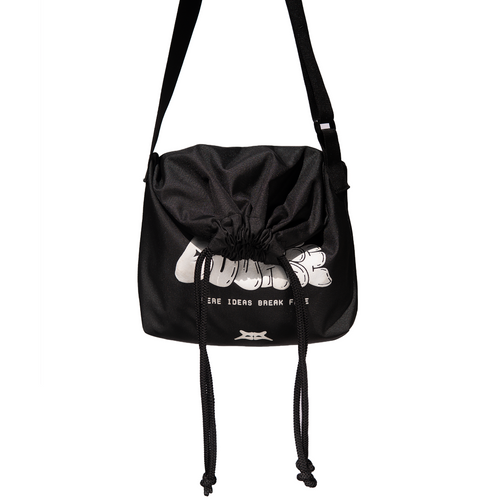 Black drawstring crossbody bag with a white streetwear graphic print.