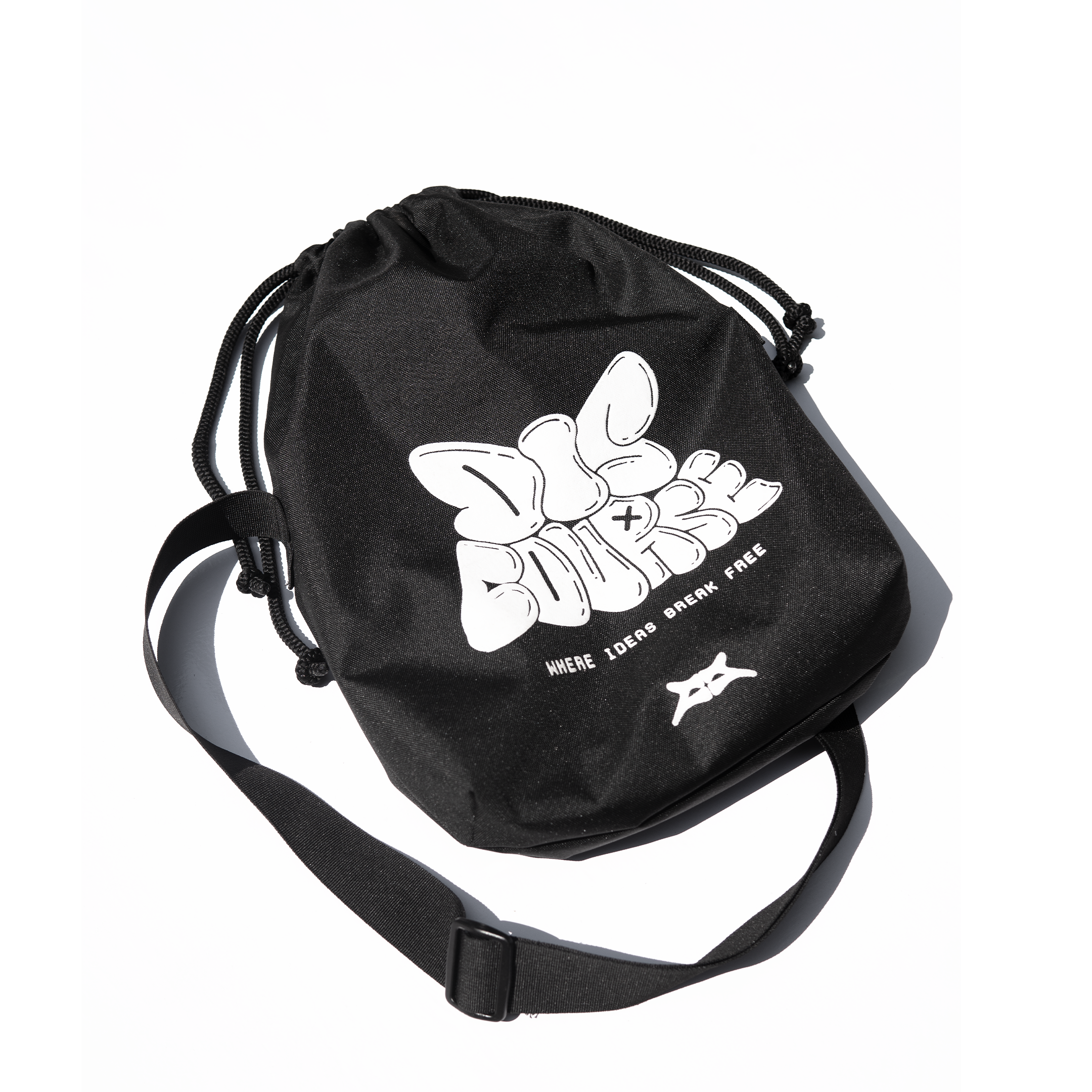 Small black drawstring sling bag with a graphic print, styled for everyday utility.