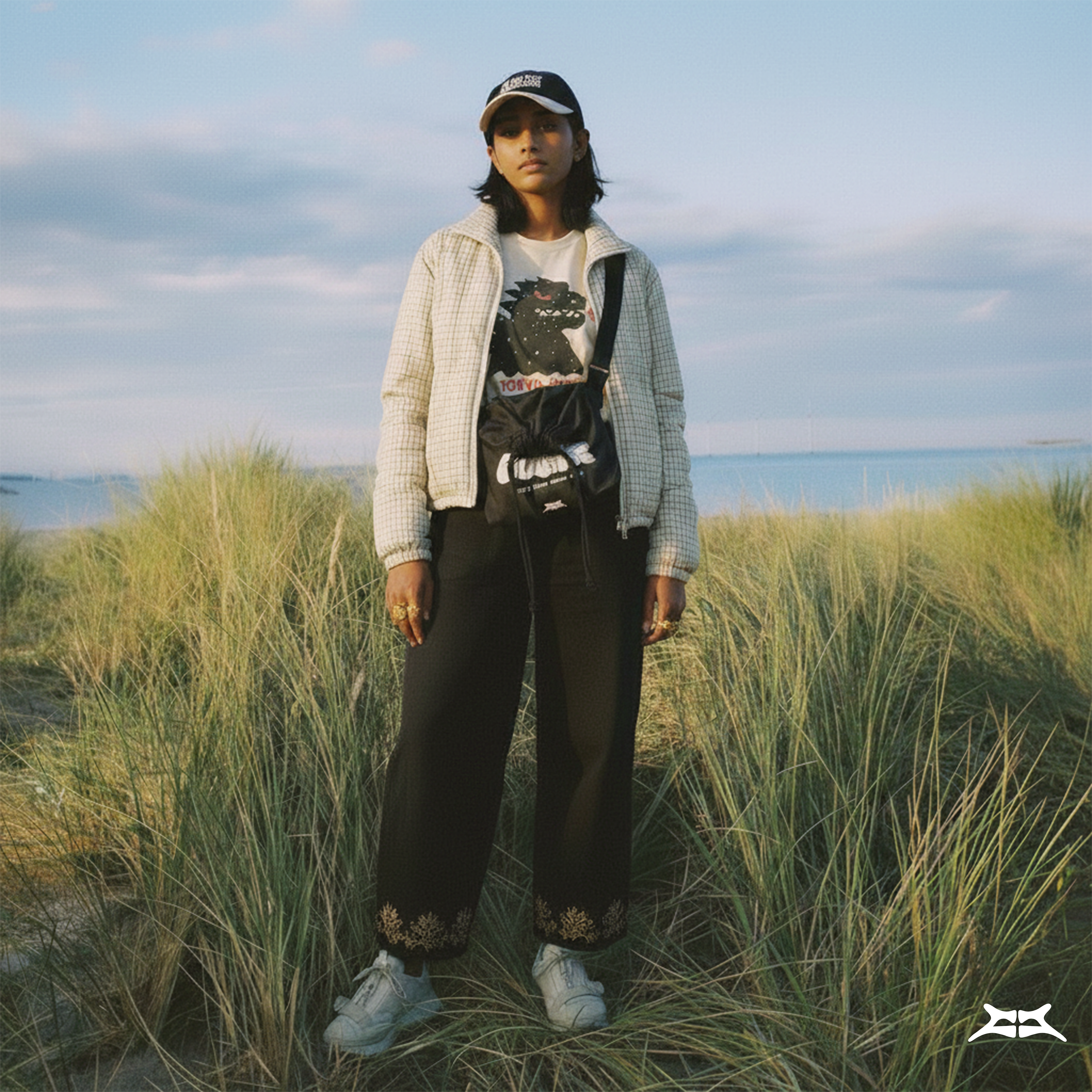Woman in streetwear fashion, wearing a black graphic print crossbody sling bag.