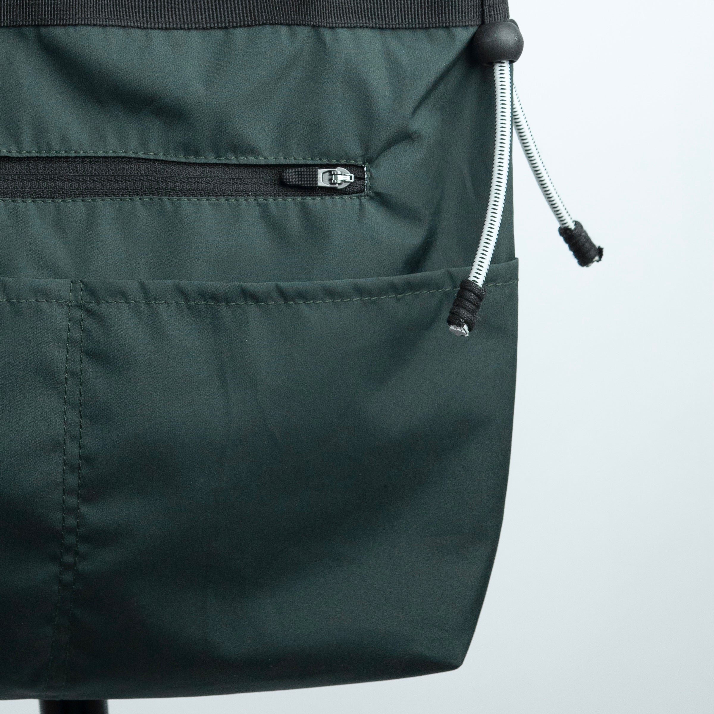 Close-up of the front zippered pocket on a dark green water-resistant nylon bag.