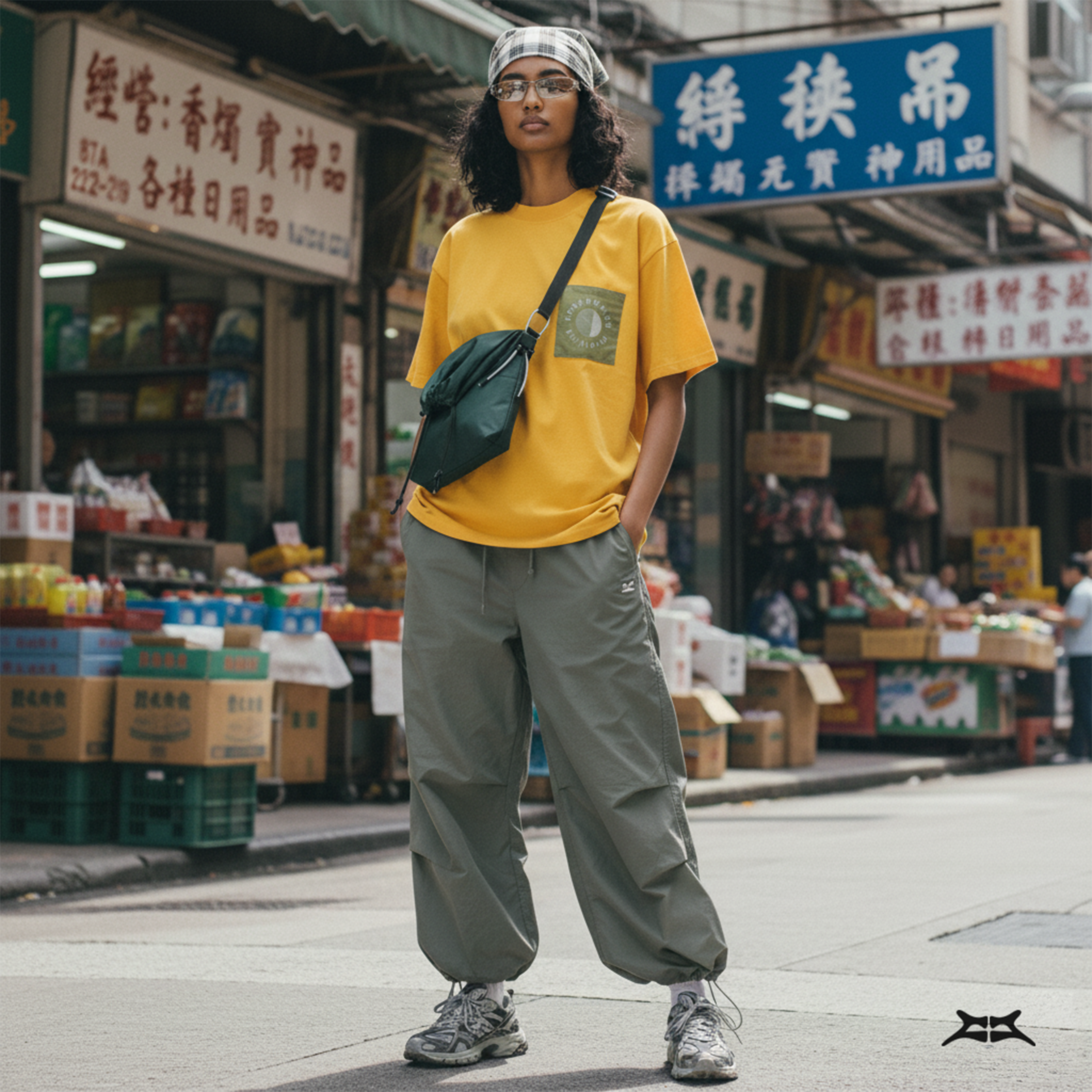 Woman in street style fashion, wearing a water-resistant dark green crossbody bag.