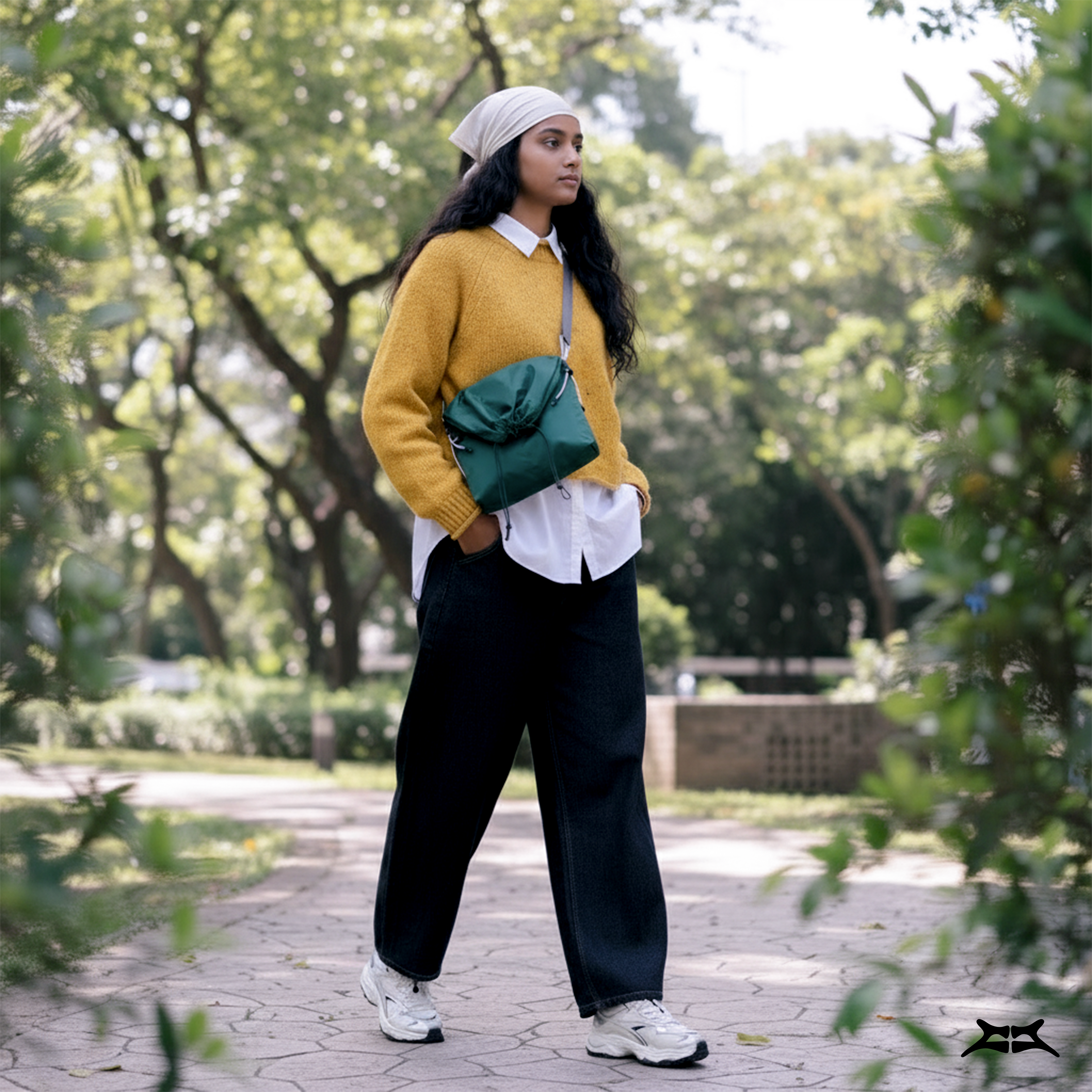 Woman in casual street style, wearing a forest green crossbody sling bag.