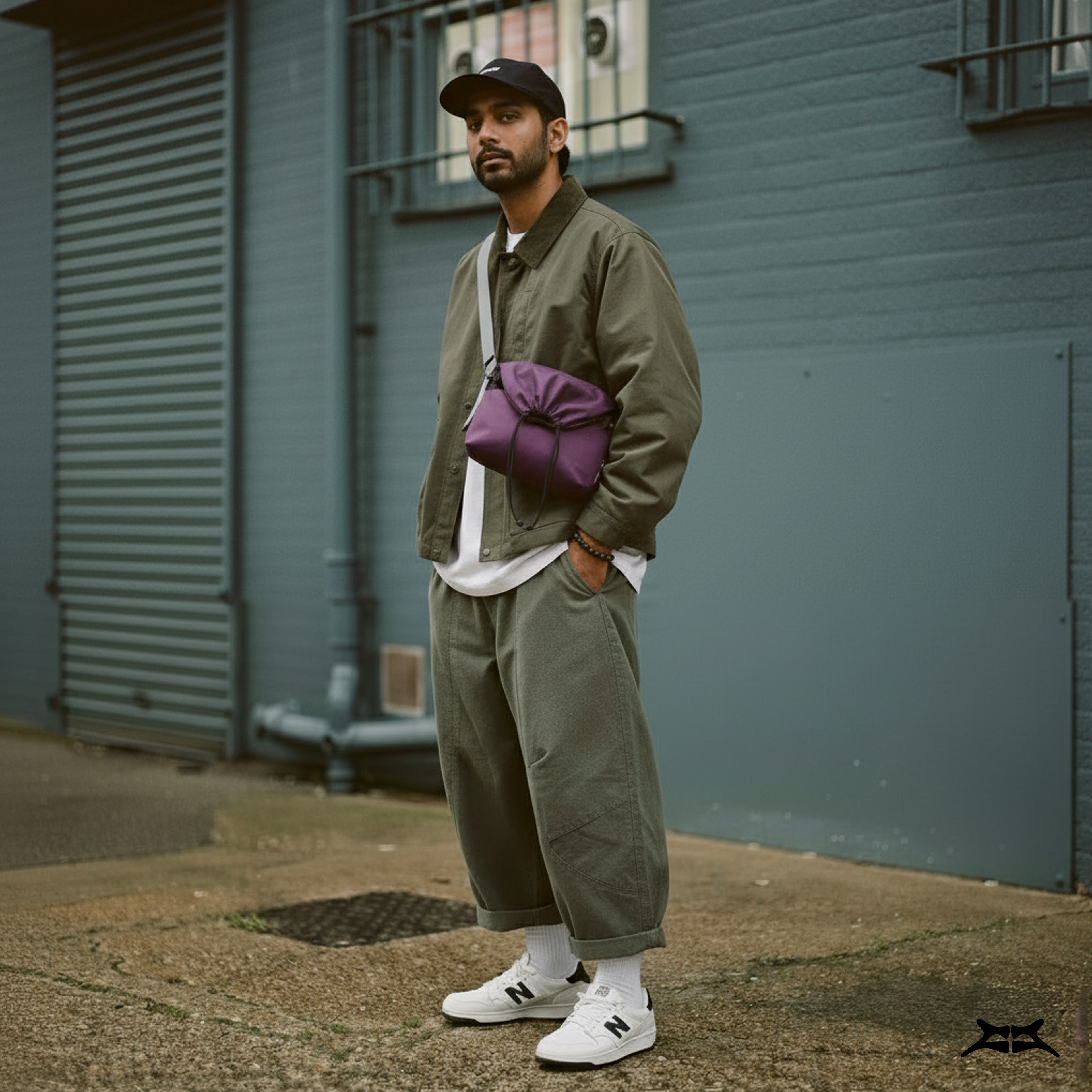 Man wearing a water-resistant maroon crossbody bag, styled with a casual outfit.