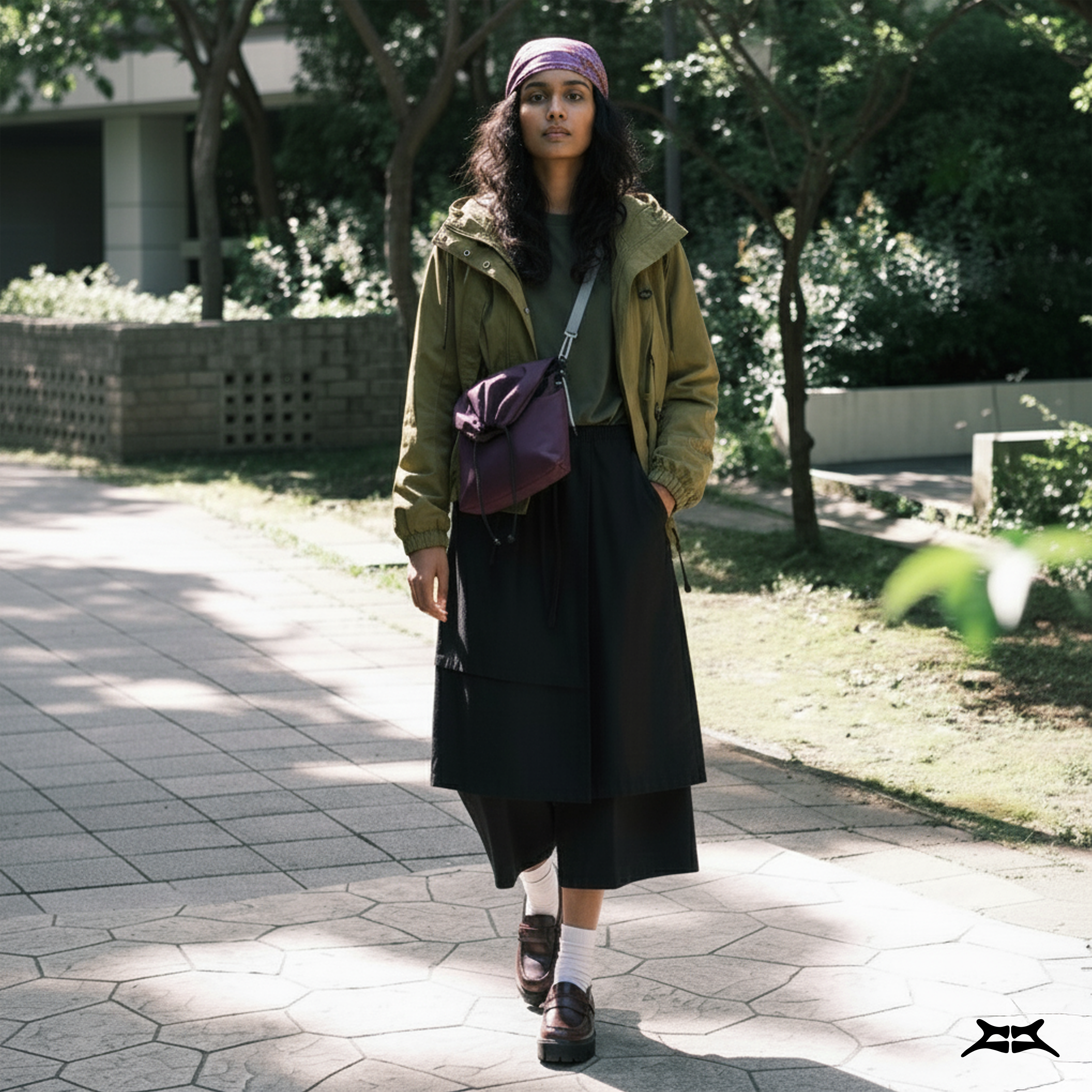 Woman in casual street fashion, walking with a maroon crossbody sling bag.