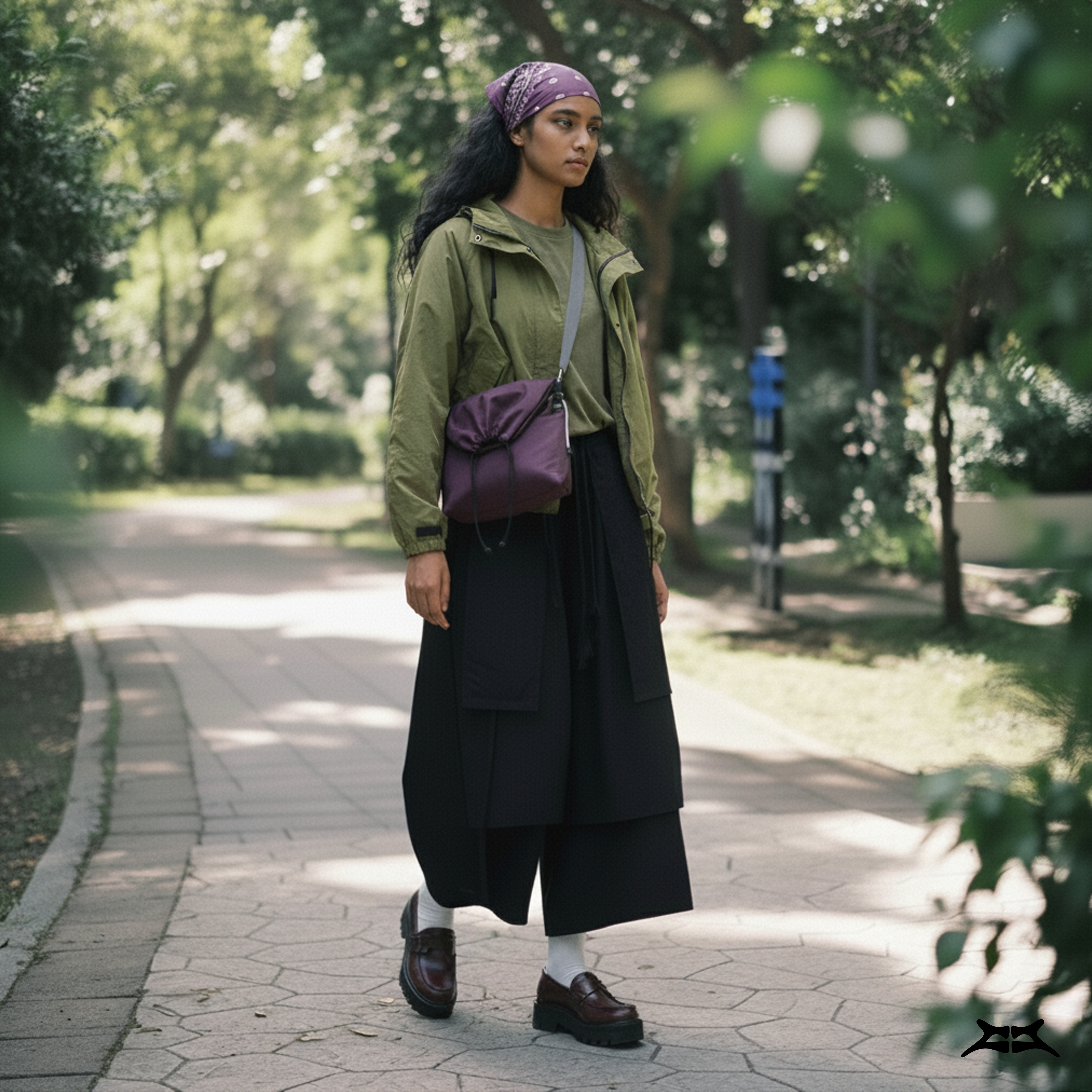 Woman wearing a water-resistant maroon crossbody bag, styled for everyday casual wear.
